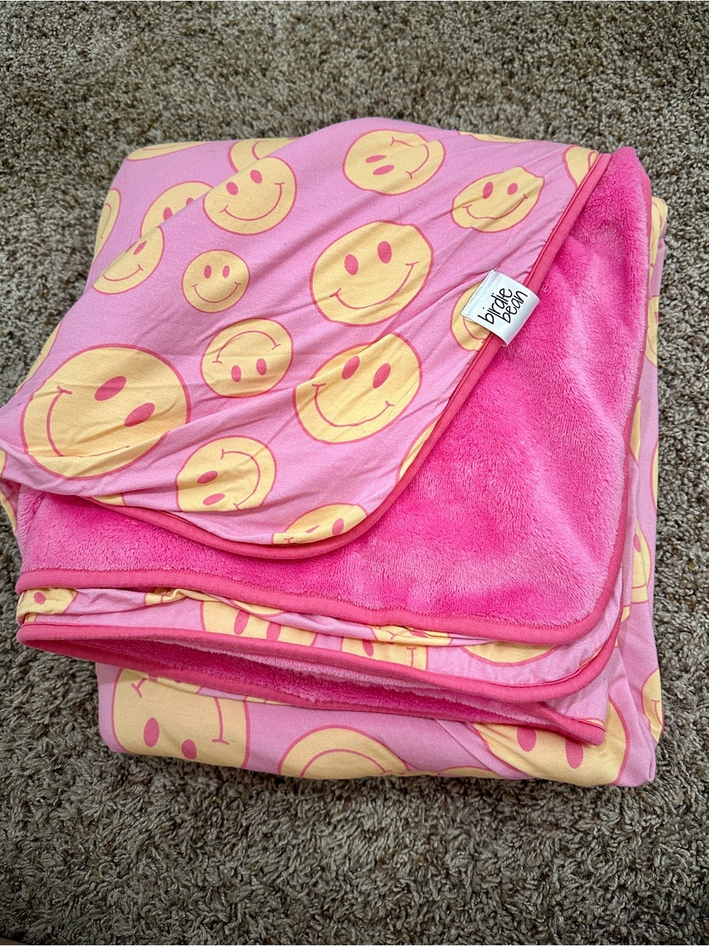 Birdie Bean Bamboo Plush Blanket Pink Smiley